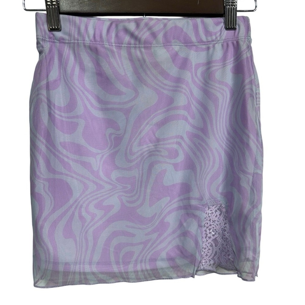 Forever 21 Y2K Lavender Sky Blue Swirl Print Mini Skirt Lace Trim Women's XS New